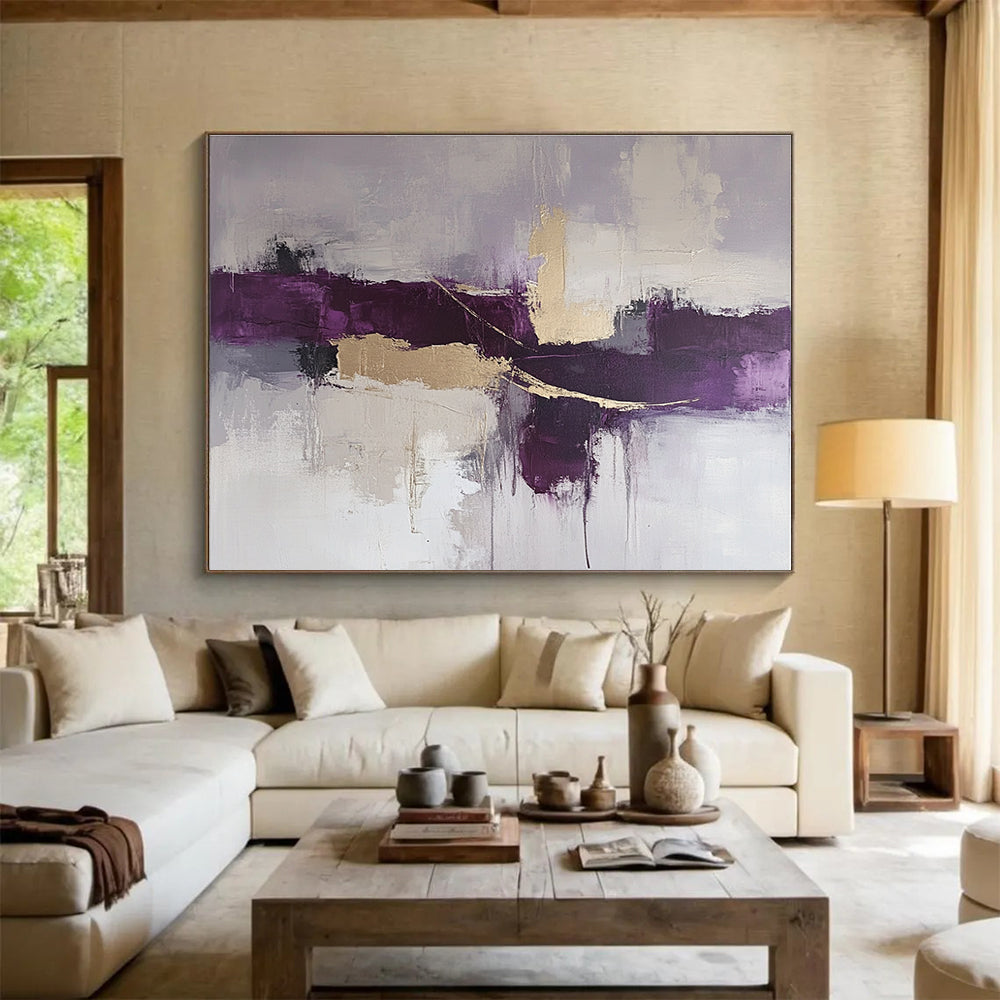 Large abstract painting in purple and gray tones with beige accents featuring thick loose brush strokes for a dynamic artistic expression.SC088