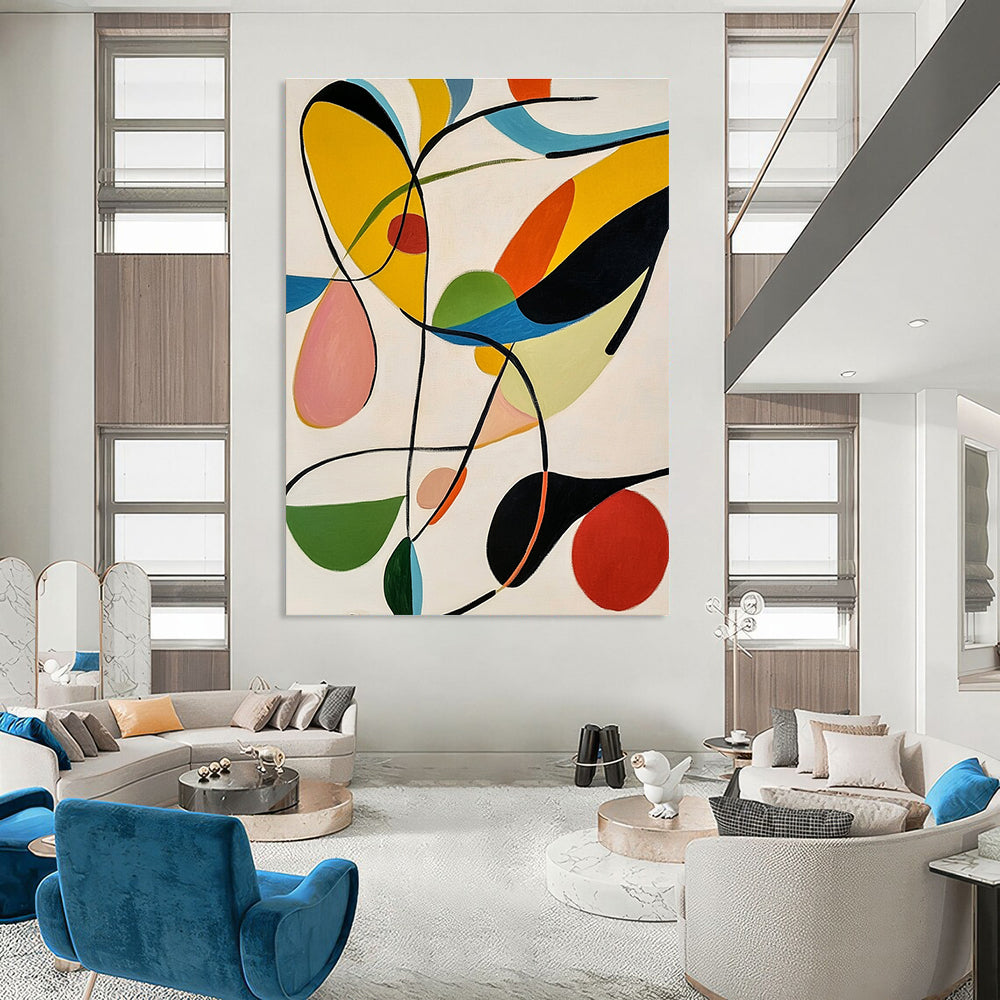 Large abstract painting featuring colorful organic shapes and bold black lines against a white background inspired by Matisse's style.STSC1315