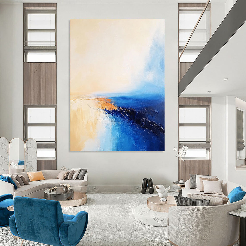 Large Abstract Oil Painting of the Sea in Blue and Beige with a Golden Sunset Horizon. Perfect for enriching any living space.STSC599