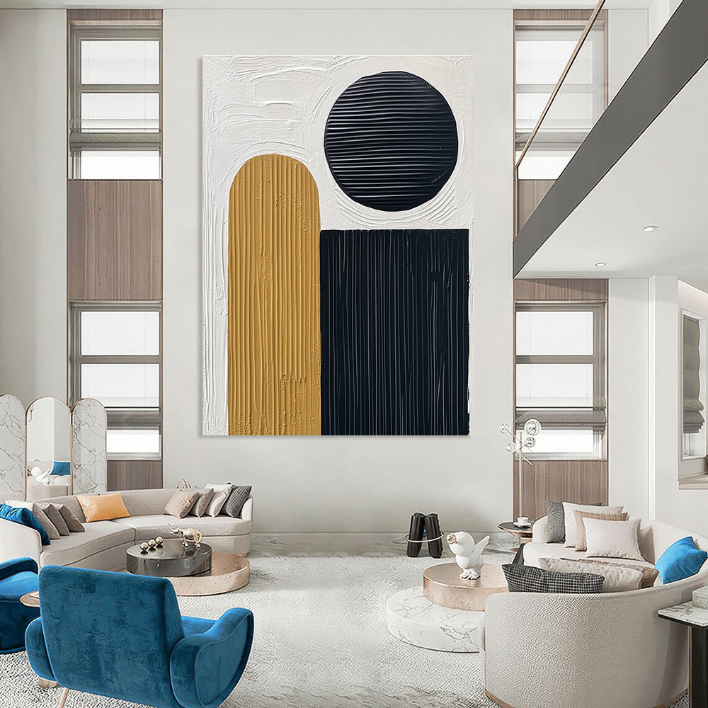 Abstract painting featuring thick black lines on textured paper with a white background and a small gold oval accent along with three circles.STSC451