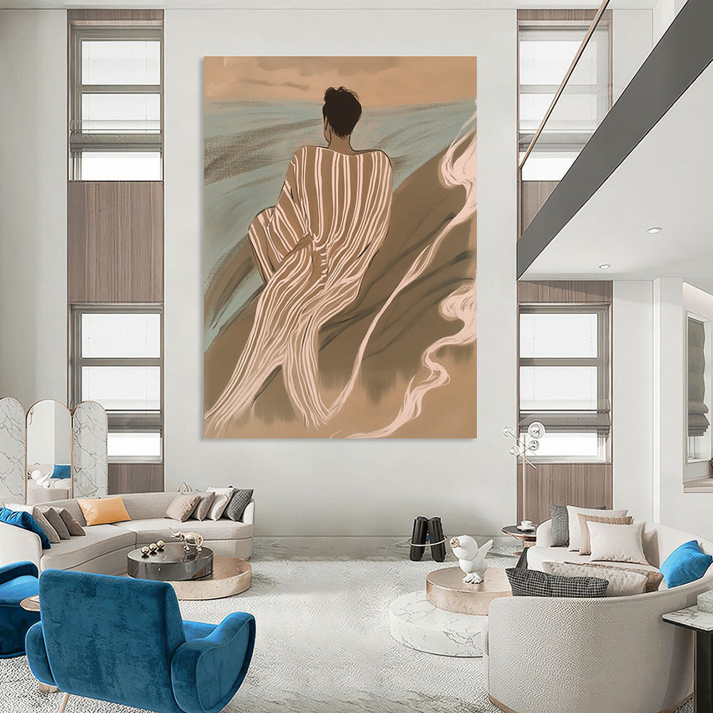 A large abstract painting featuring an Asian man in striped robes surrounded by waves and smoke in soft tones of brown and blue.STSC1104
