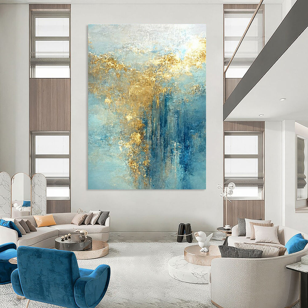 Light Blue Abstract Painting with Cascading Gold Accents ADGE063