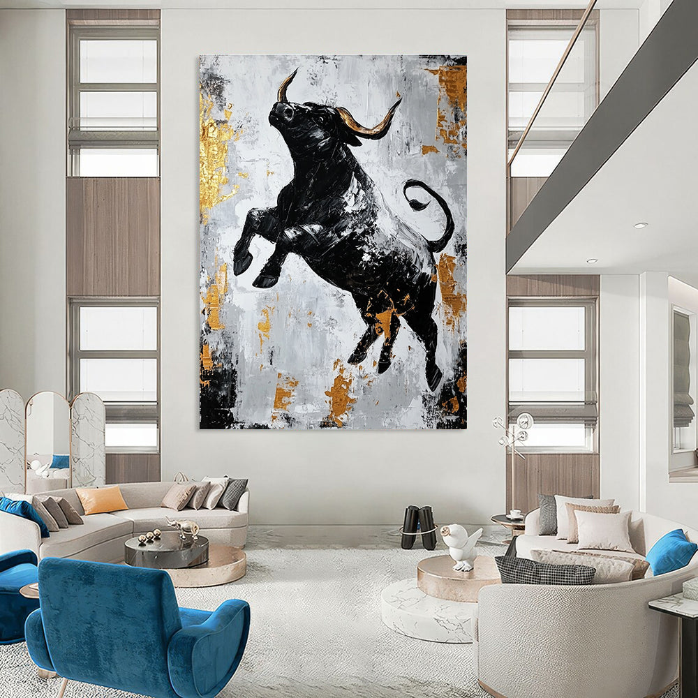 Large abstract painting featuring a dynamic black bull in gold and gray with strong contrasts and rough brushstrokes conveying powerful strength.STSC913