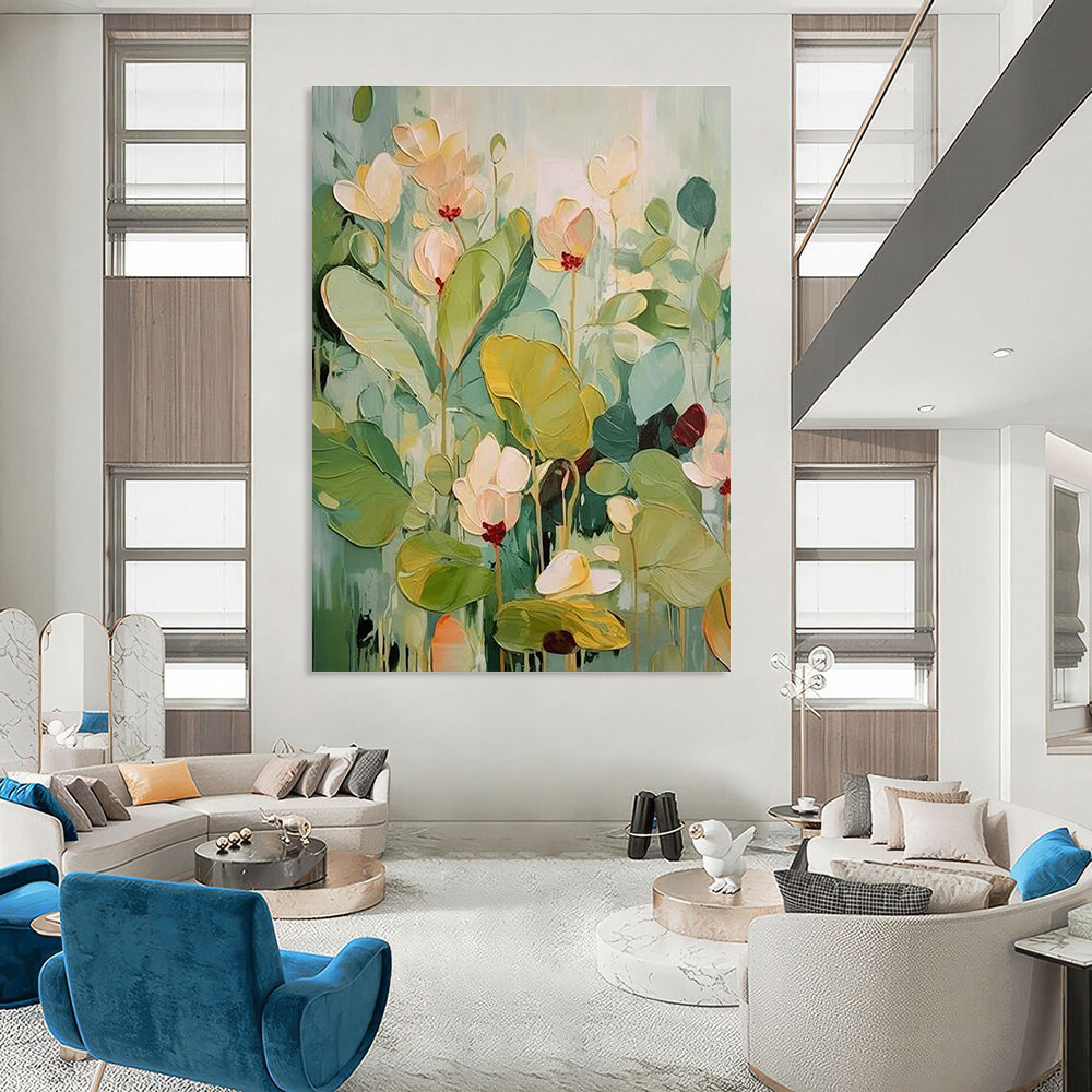 Pastel - toned Flower Abstract Painting with Green and Beige ADGE319