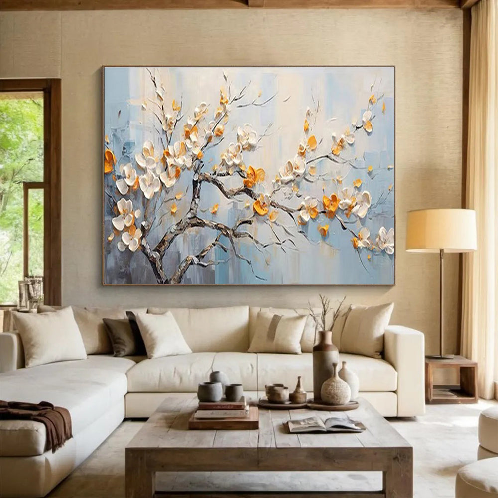 Flowering Tree Abstract Painting with White, Orange, and Blue Tones THY202