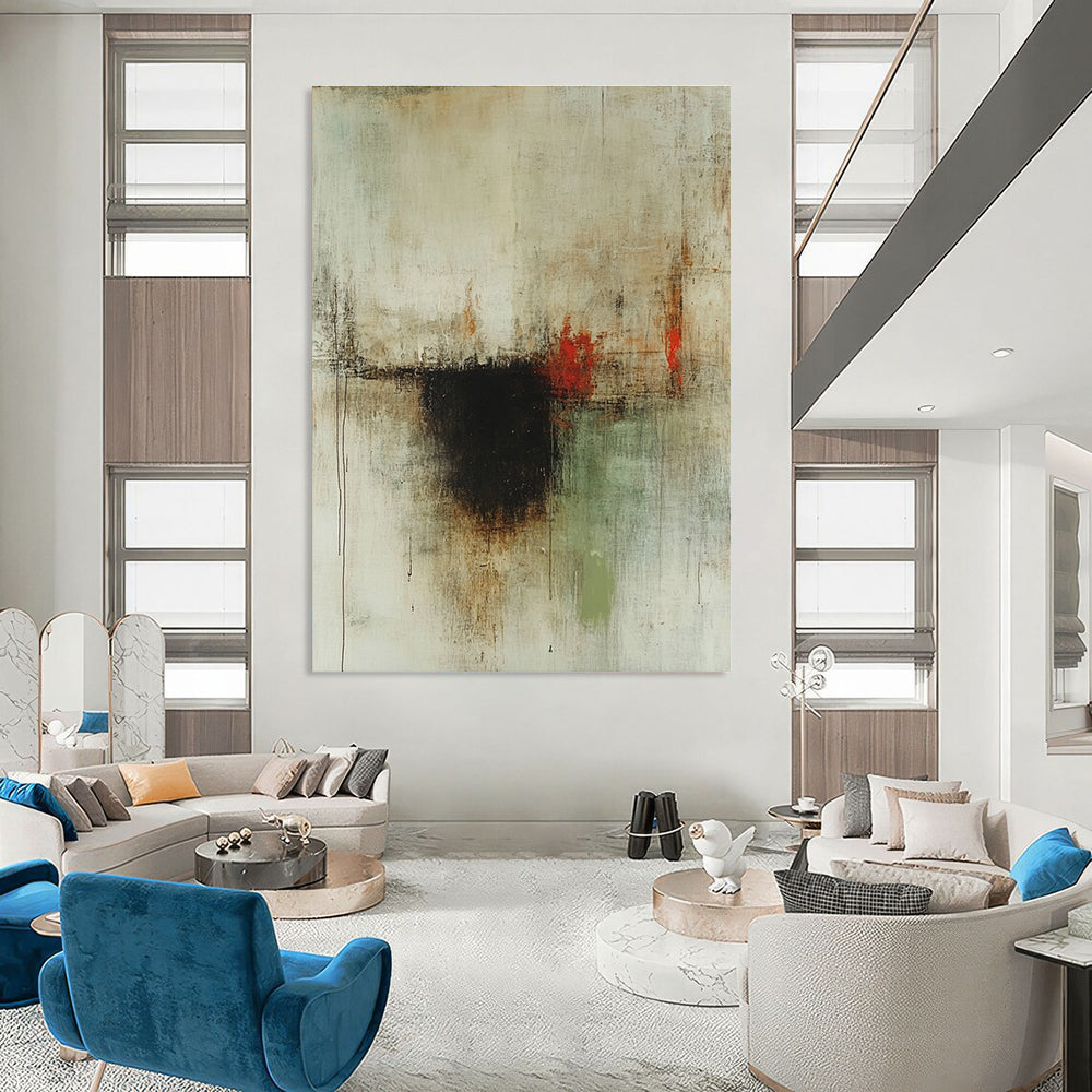 Large abstract painting with faded neutral tones and subtle red accents featuring a central dark brown spot and hints of green and earthy colors.STSC610