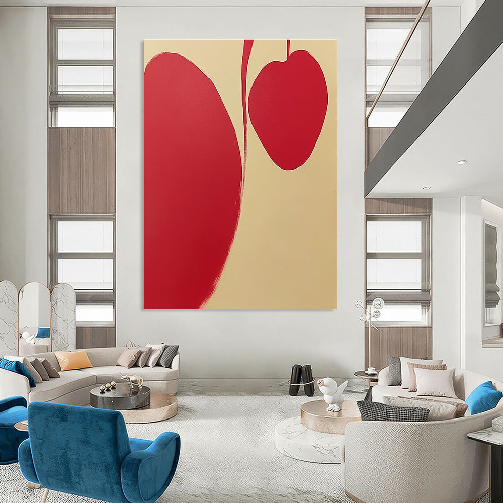 Abstract painting featuring red and cream-white background with two minimalist apple petal shapes and clean lines without shadows.STSC1105