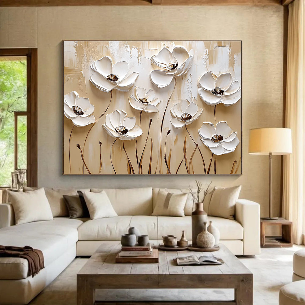 3D White Floral Abstract - Minimalist Botanical Abstract Painting DYP005