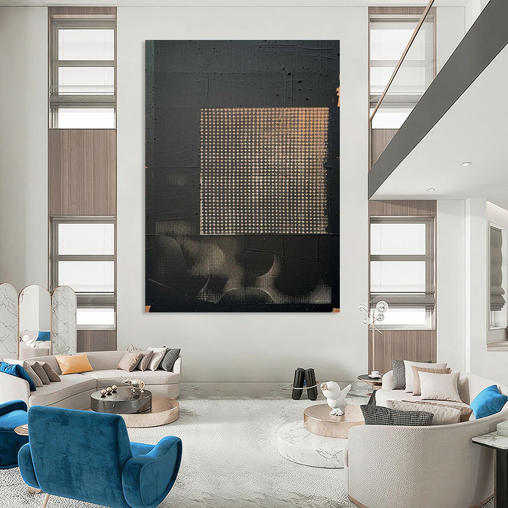 Black Abstract Painting with Grid Pattern and Beige Accents ADGE306