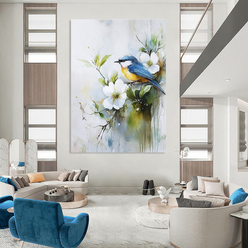 A large abstract painting featuring a blue and yellow bird on white flowers with soft green leaves and tranquil brushwork for serene beauty.STSC901