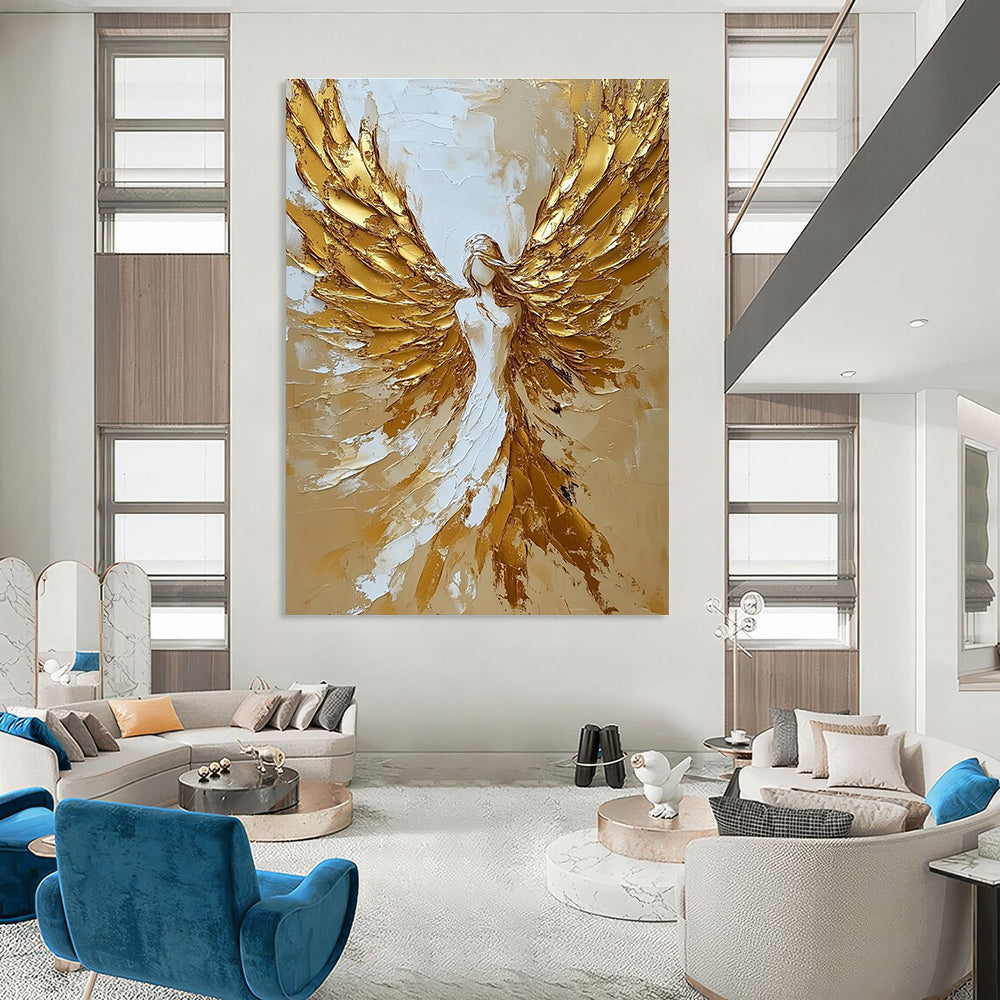 Abstract painting featuring a celestial angel with golden wings in a stunning gold and white palette knife technique.STSC008