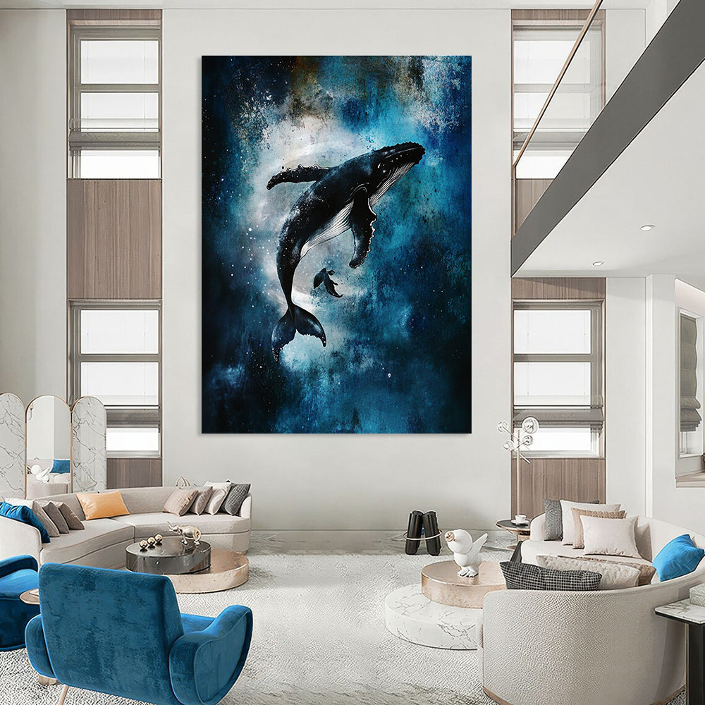 Abstract art featuring humpback whales, swirling vortices, glowing stars, and misty underwater scenes in a dark blue and white color palette.STSC1466