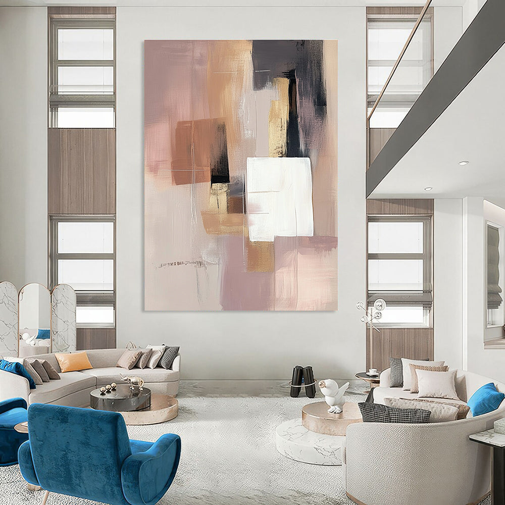Large abstract painting in soft pink beige and grey with white squares and a brown gray shape featuring gold accents.STSC808