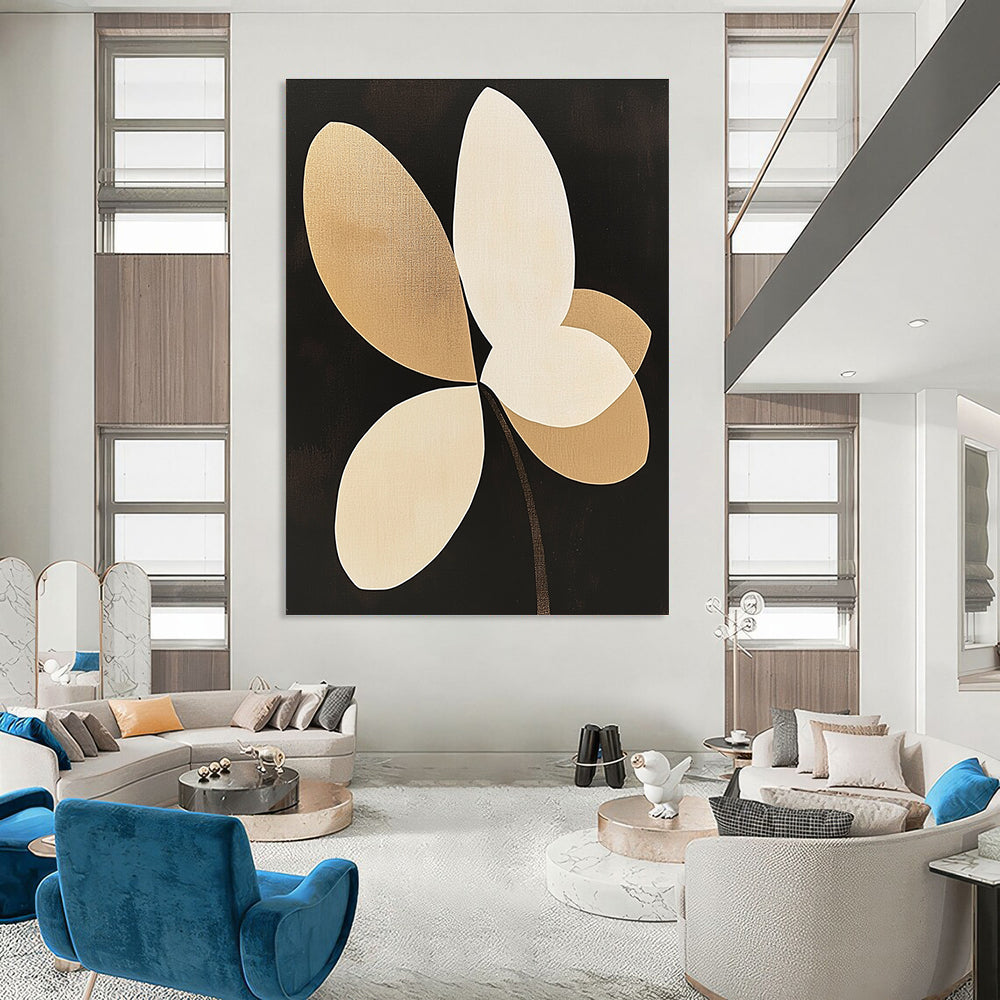 Large Abstract Painting Featuring Beige and White Orchid Petal Shapes on a Black Background with Minimalist Design and Clean Lines.STSC1144
