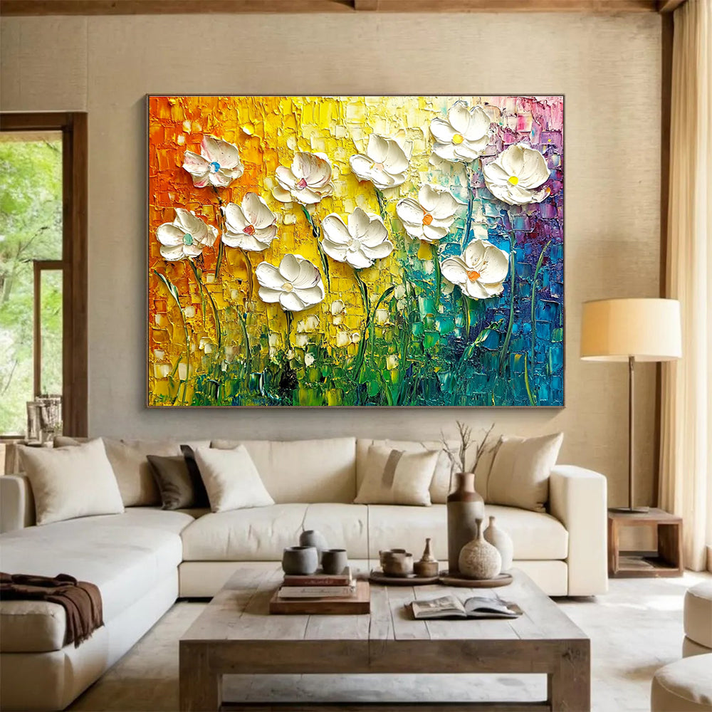 Textured White Flowers Abstract Painting with Colorful Background DYP430