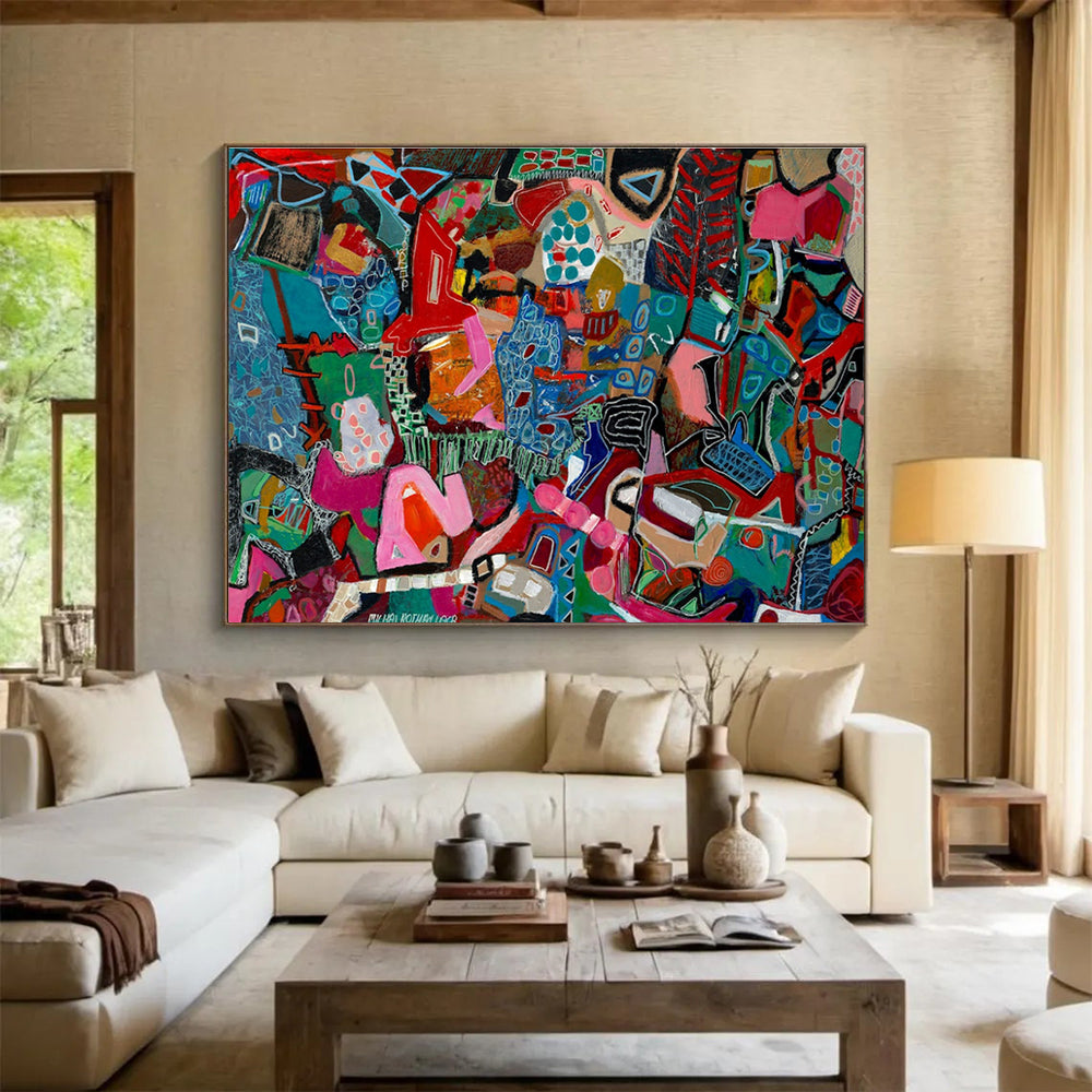 Vibrant Geometric Mosaic Abstract Painting with Bold Color Blocks THY242
