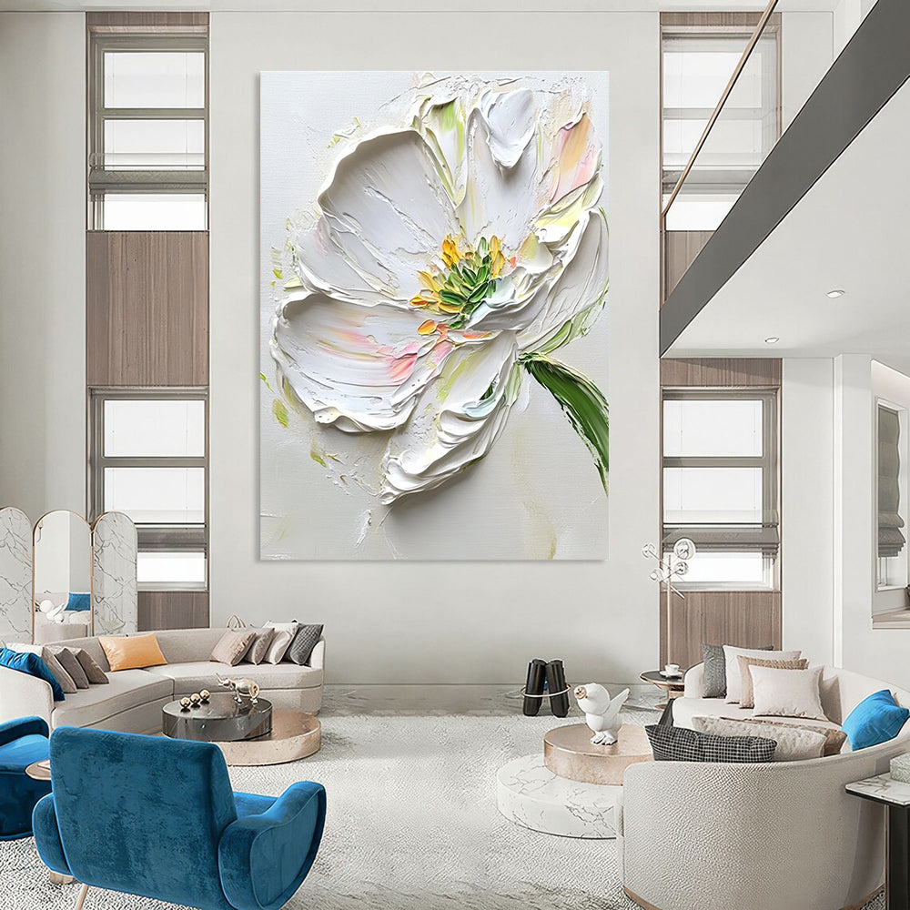 Abstract painting featuring white flowers with green leaves on a light gray background showcasing elegant brush strokes and beautiful accents.STSC1482