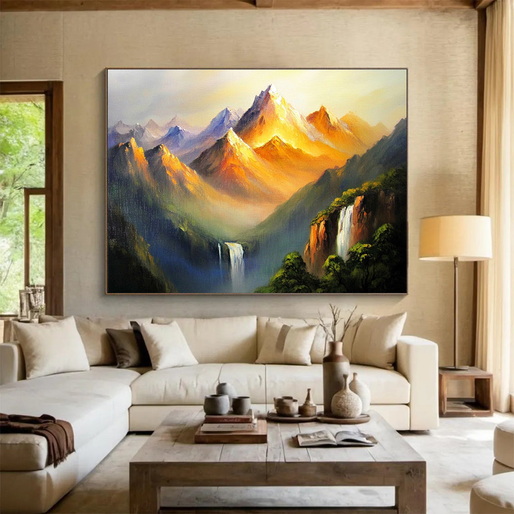 Golden Mountain Peaks Abstract Painting with Orange and Purple Tones DYP576