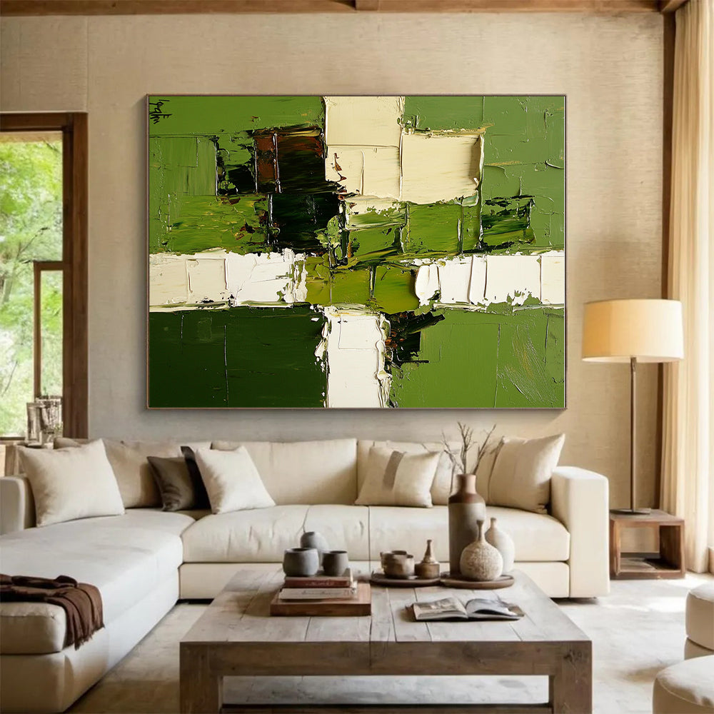 Green and White Abstract Painting with Patchwork Design GER478