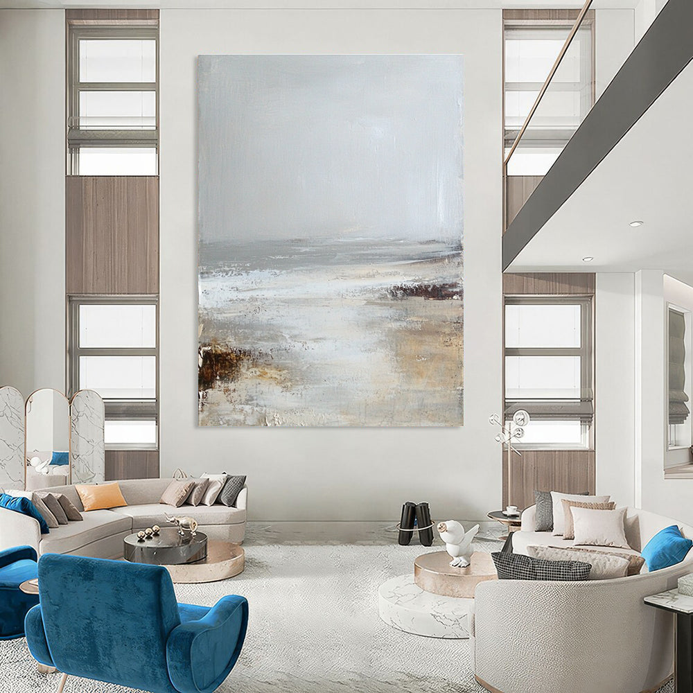 Large abstract painting in soft neutrals of white and gray evokes a calming misty beach atmosphere for serene spaces.STSC232