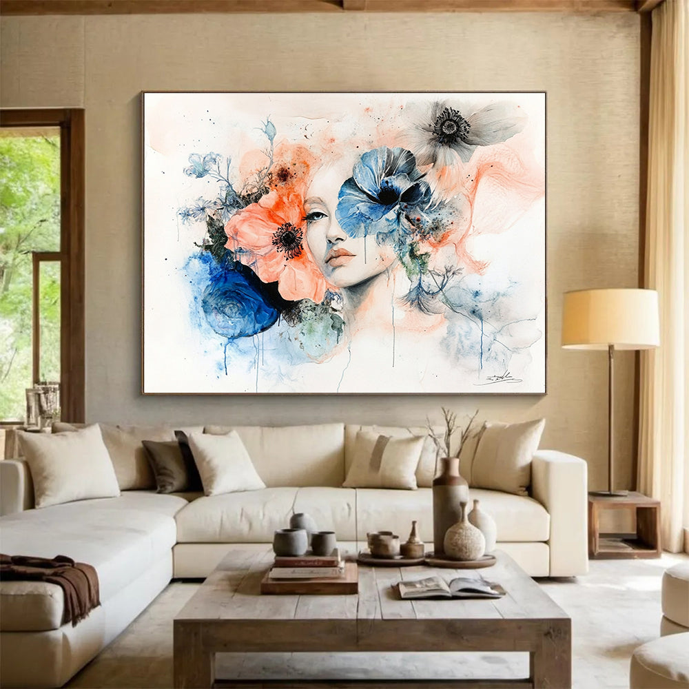 Large abstract painting featuring a woman's face framed by flowers in muted pastels of peach pink blue and grey on a white background.SC566