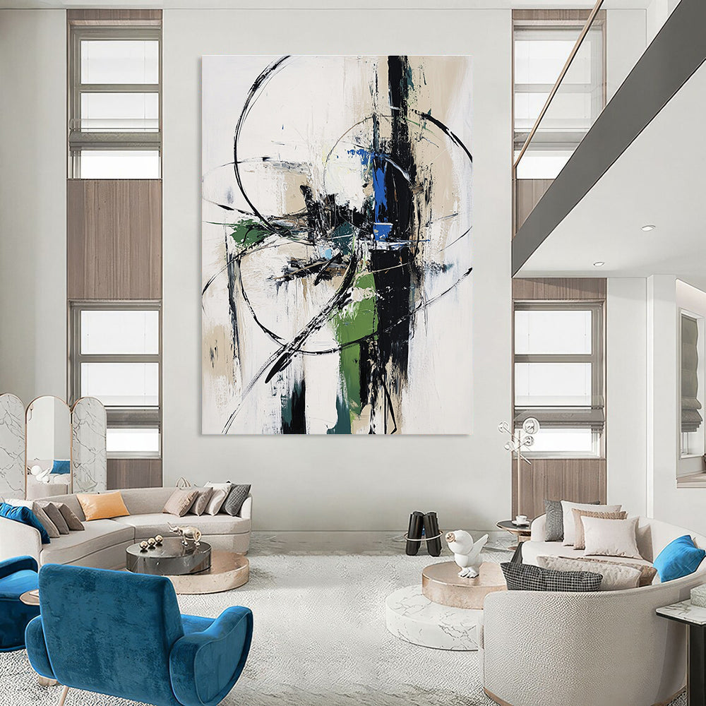 Large abstract painting in white gray and blue tones with a futuristic machine in an urban landscape conveying movement and speed.STSC827