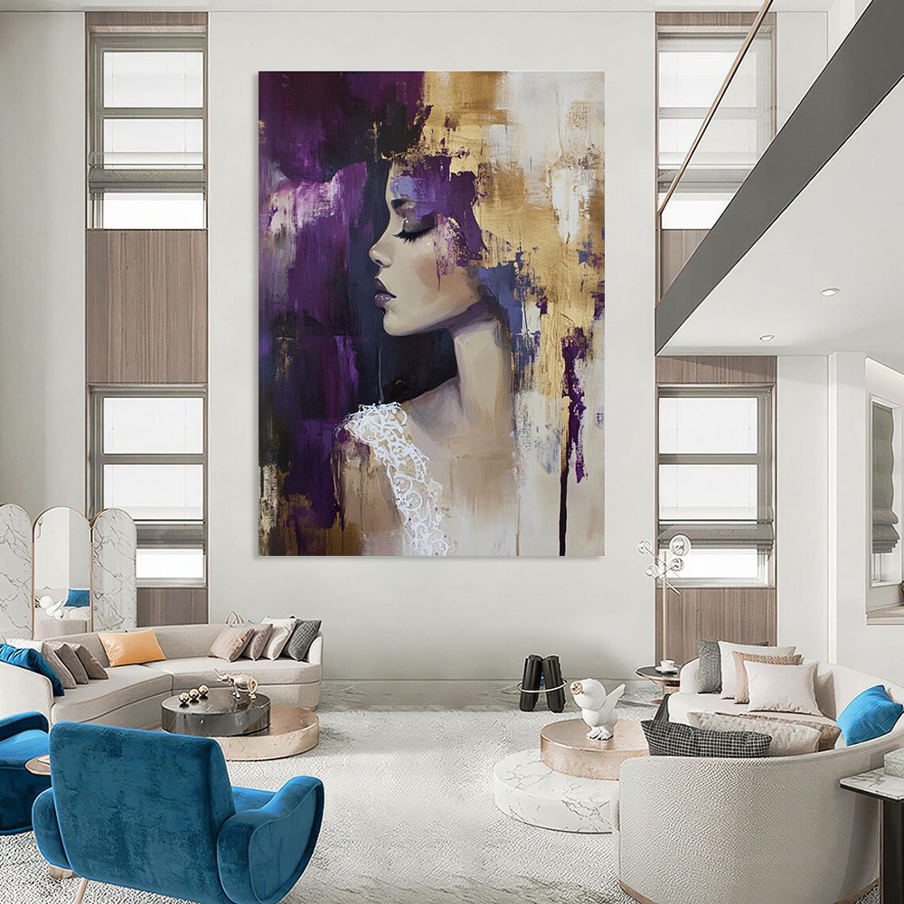 Abstract oil painting featuring a woman in a Hunkemöller lace top with gold accents against a dark gold foil background in beige and purple hues.STSC177