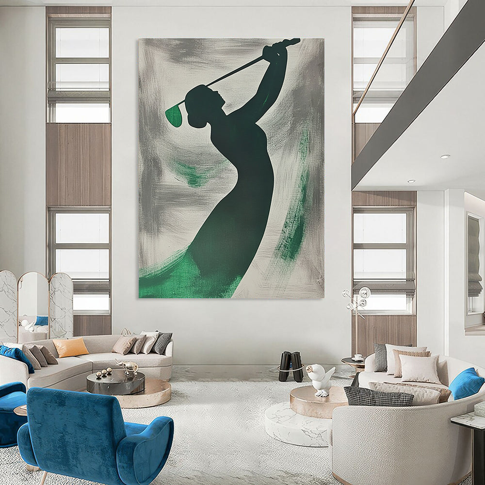 A large abstract painting featuring a silhouette of a woman playing golf with emerald green brushstrokes on a grey background.STSC1065