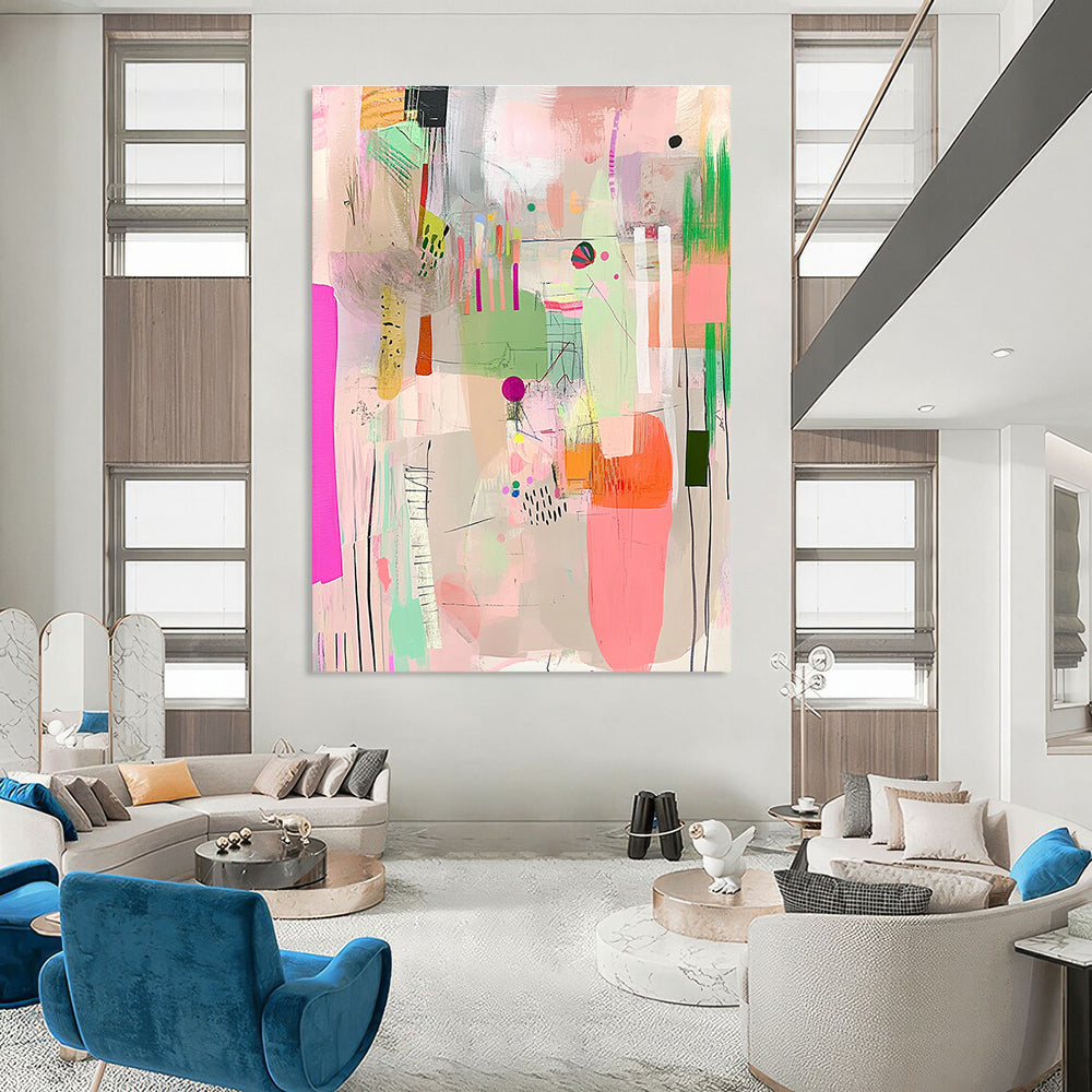 Large abstract artwork features vibrant pinks greens and yellows with playful textures patterns and a joyful sense of movement against a soft white background.STSC573