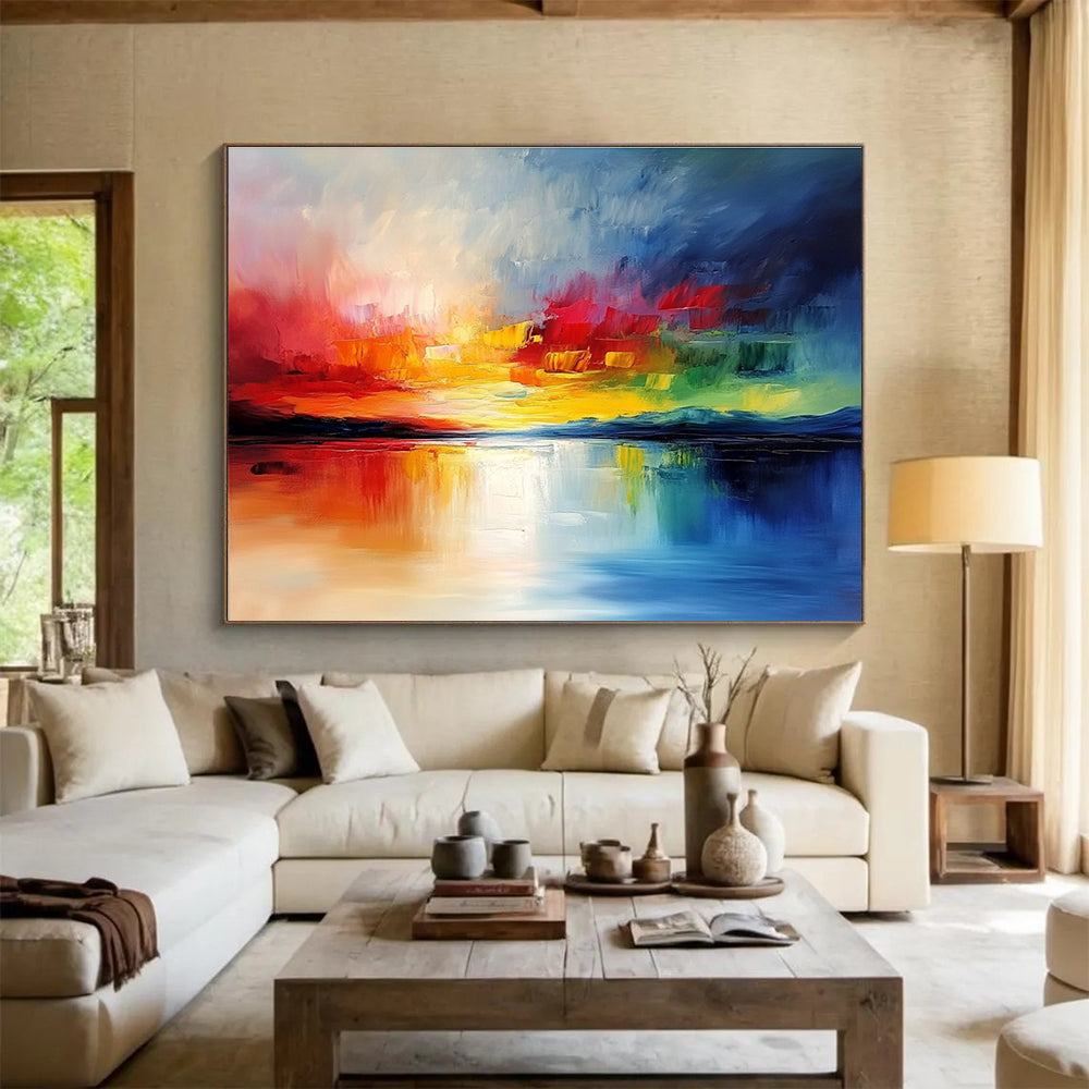 Large abstract painting featuring vibrant clouds and reflective water in rich colors creating a stunning visual impact through heavy texture and bold brushstrokes.SC076