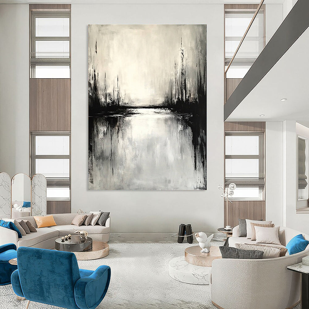 Large abstract painting depicting an overcast landscape with water reflections in muted tones evoking calmness and simplicity.STSC022