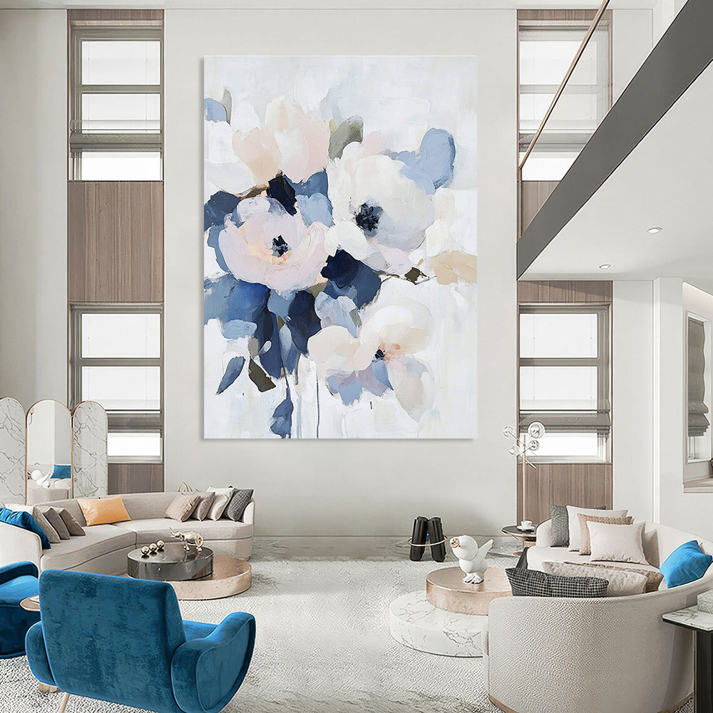 Large abstract floral painting featuring pale pastel flowers with navy and gray accents on a soft white background.STSC053