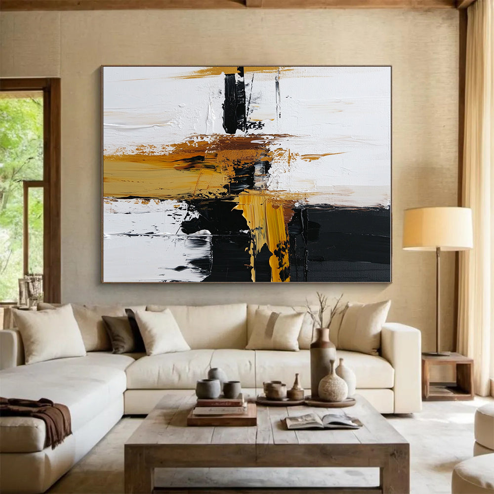 Black White and Gold Abstract Painting with Dynamic Strokes GER483