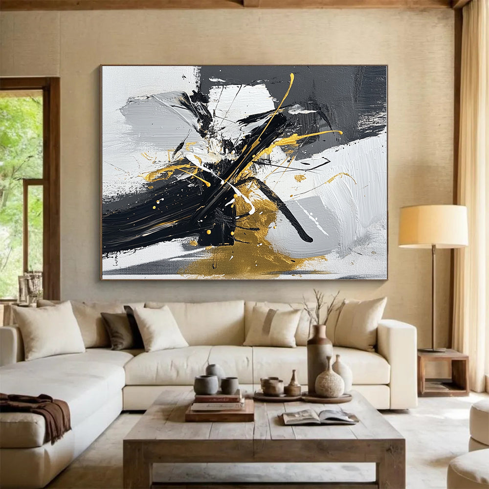 Black Gray White and Gold Abstract Painting with Dynamic Brushstrokes GER020