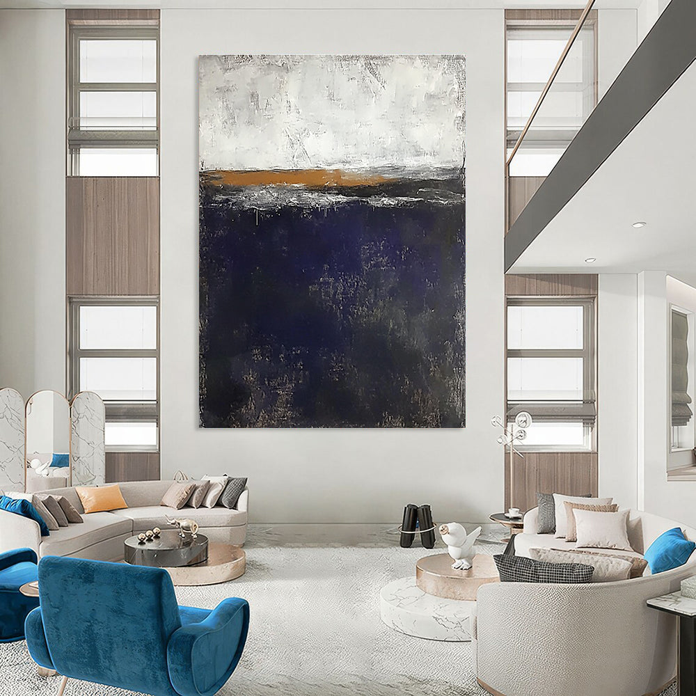 Large abstract painting of the sea in dark blue and gray with white highlights and small brown elements against a flat gray background.STSC706