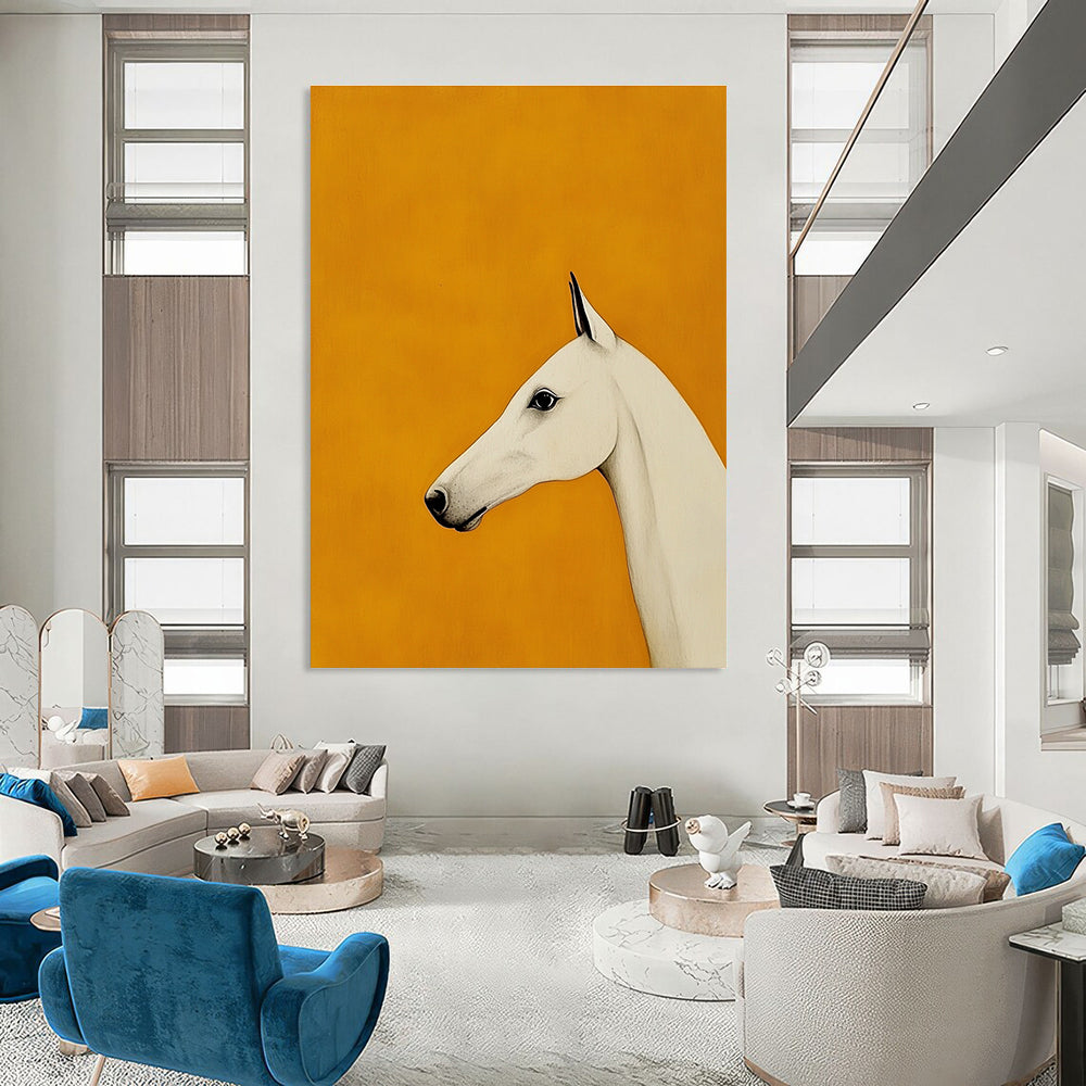 A large abstract painting featuring a minimalist Arabian greyhound design with a white horse's head on an orange background.STSC1063