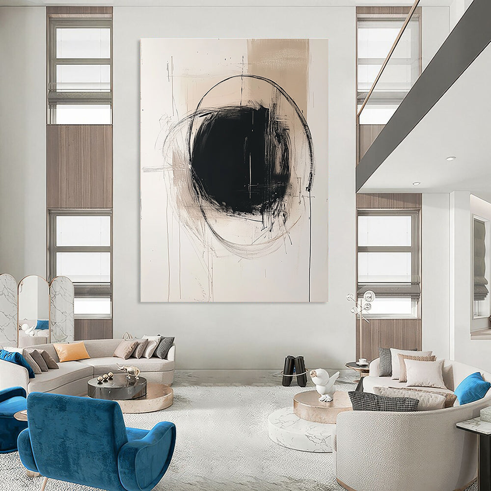 Large abstract painting featuring a central grayish circle minimalist lines and light splashes on off-white paper in the style of Doig and Hockney.STSC771