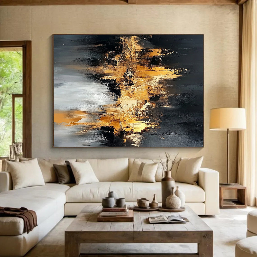 Black Gold and Silver Abstract Painting with Cityscape Inspiration GER643