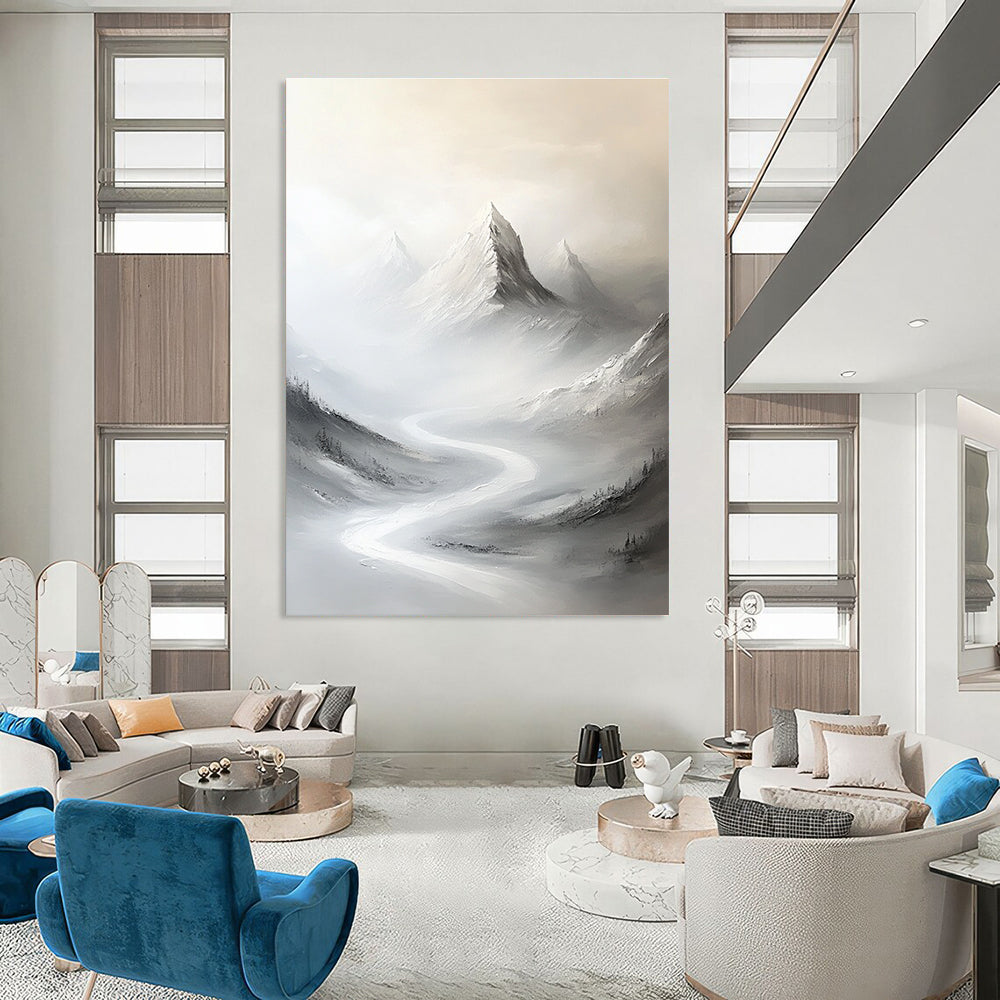 Abstract painting of snow-covered peaks in soft gray tones with a winding road leading to a distant mountain peak.STSC1492