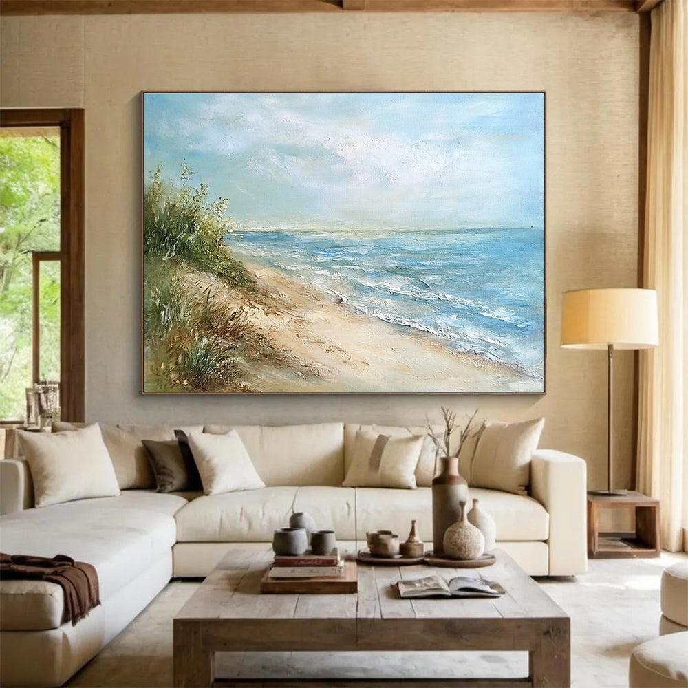 Serene Beach View Abstract Painting with Blue and Green Tones DYP569