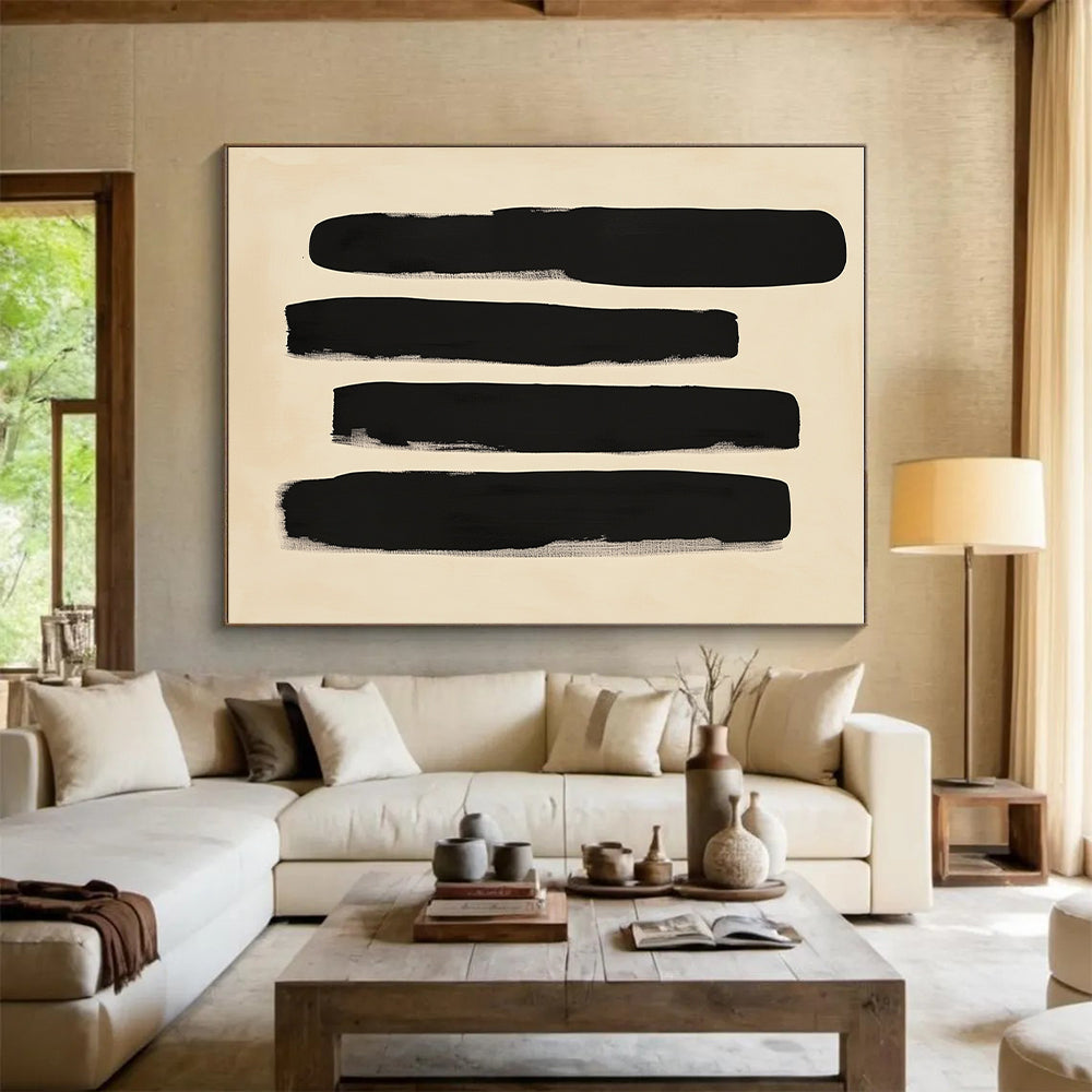 Black Vertical Strokes Abstract Painting on Beige Background GER240
