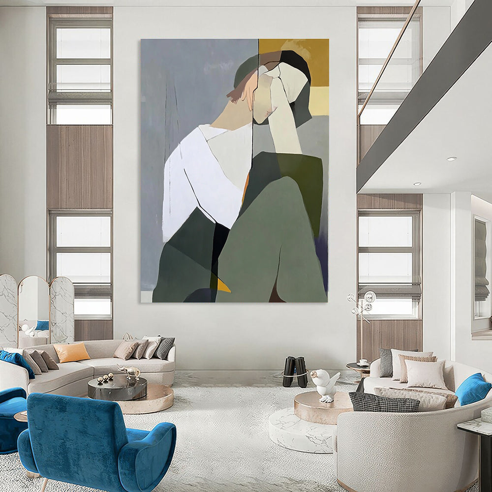 Large abstract painting of a woman with a white shirt and green jacket against a gray-blue background with light yellow accents and visible brushstrokes.STSC1114
