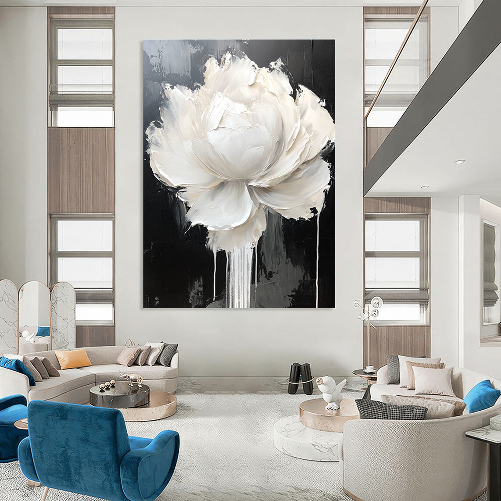 Large abstract painting featuring a white rose and peony with dripping petals on a black and gray background in neutral tones.STSC517