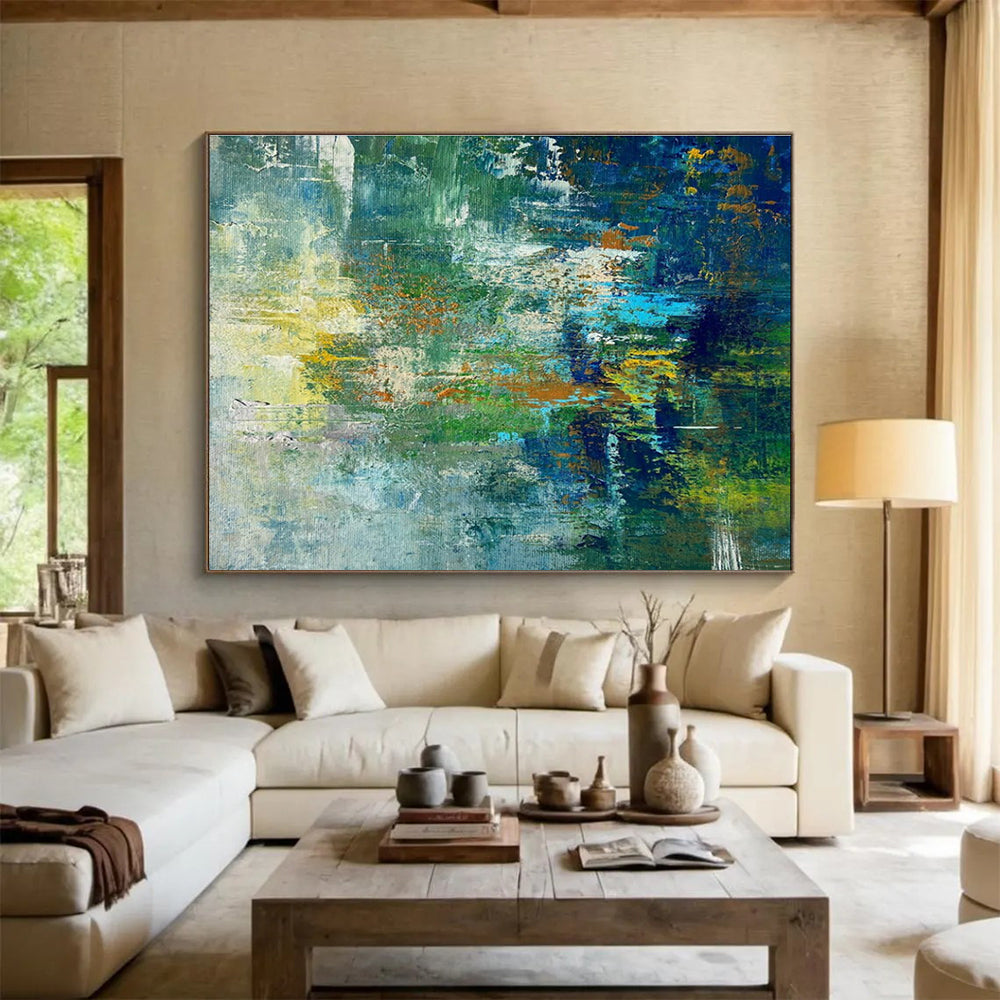 Green Blue Abstract Painting with Forest Stream Motifs THY353