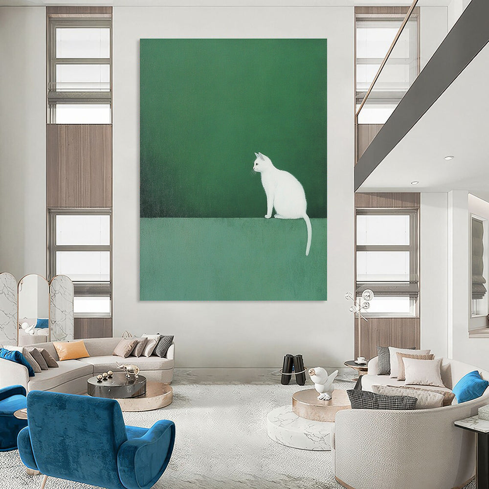 An abstract painting featuring a white cat on a green backdrop in minimalist style with ultra-fine details and matte texture.STSC1249