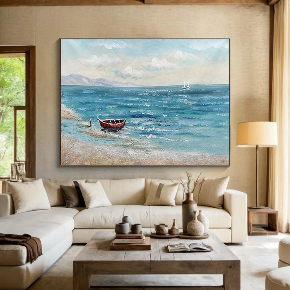 Seaside Boat Abstract Painting with Blue, Red, and White Tones THY224