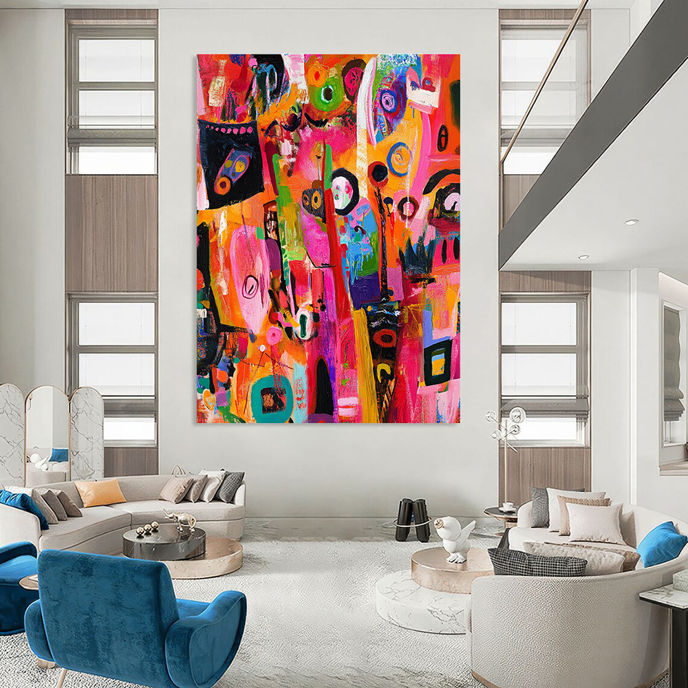 A vibrant abstract painting showcasing urban chaos with lively characters and dynamic patterns in bright colors highlighting intricate details and expressive faces.STSC1218