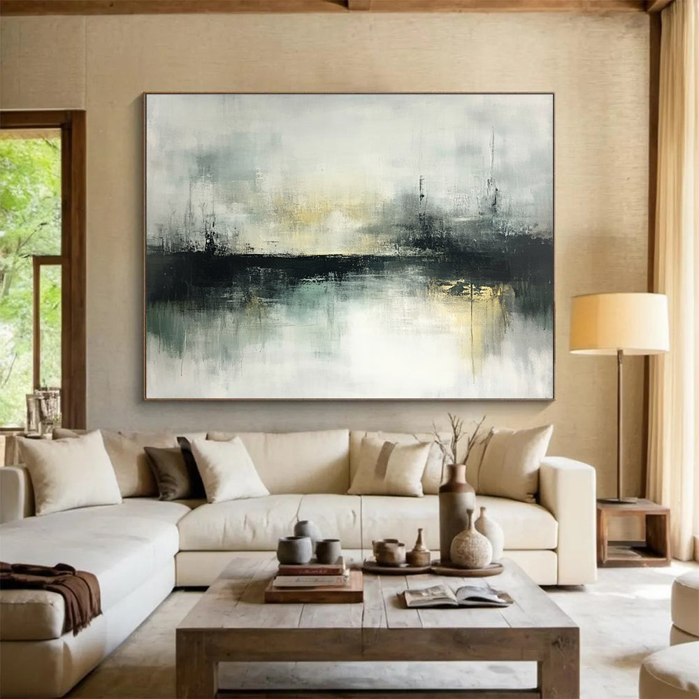 Large abstract painting of misty landscapes featuring muted greens and grays with soft edges and an atmospheric quality ideal for modern art lovers.SC196