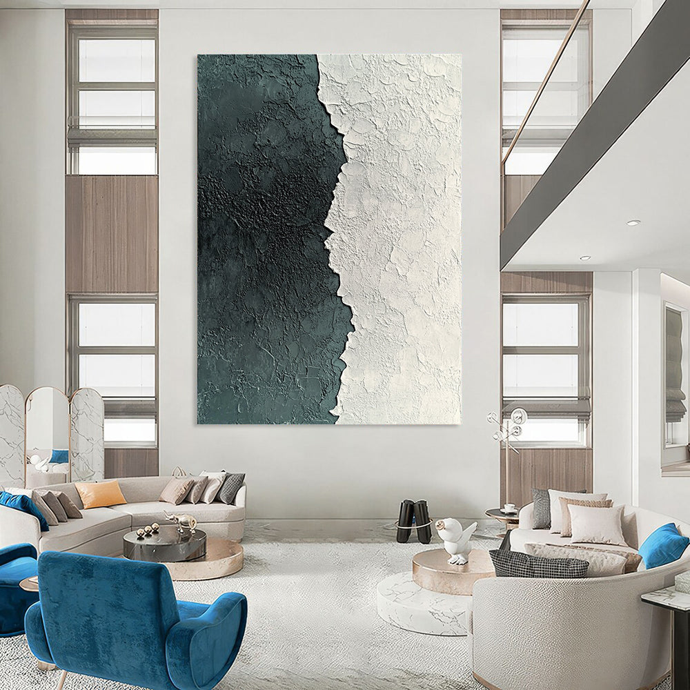 Large abstract painting of textured white and grey plaster with deep green accents showcasing detailed patterns and a captivating grainy finish.STSC836