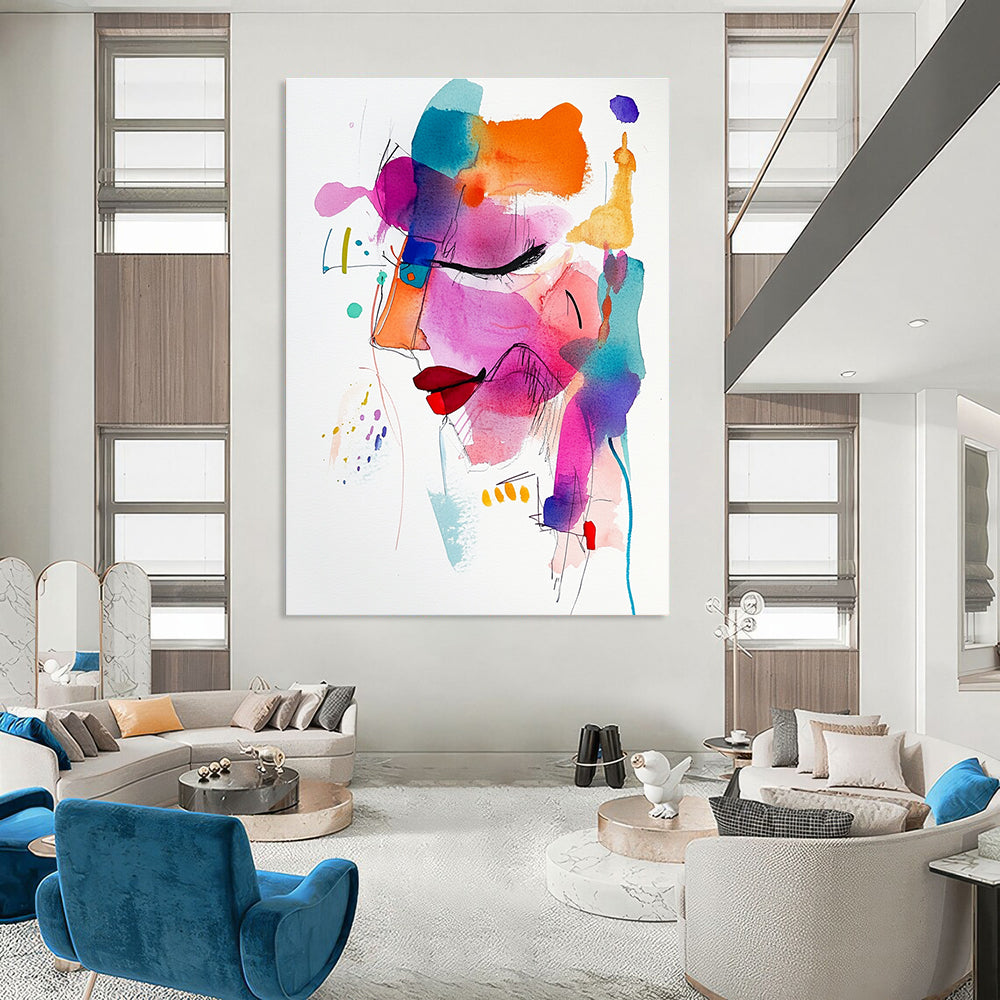 A large abstract painting featuring vibrant colors and loose brushstrokes, highlighting a whimsical face in a contemporary minimalist style.STSC1194